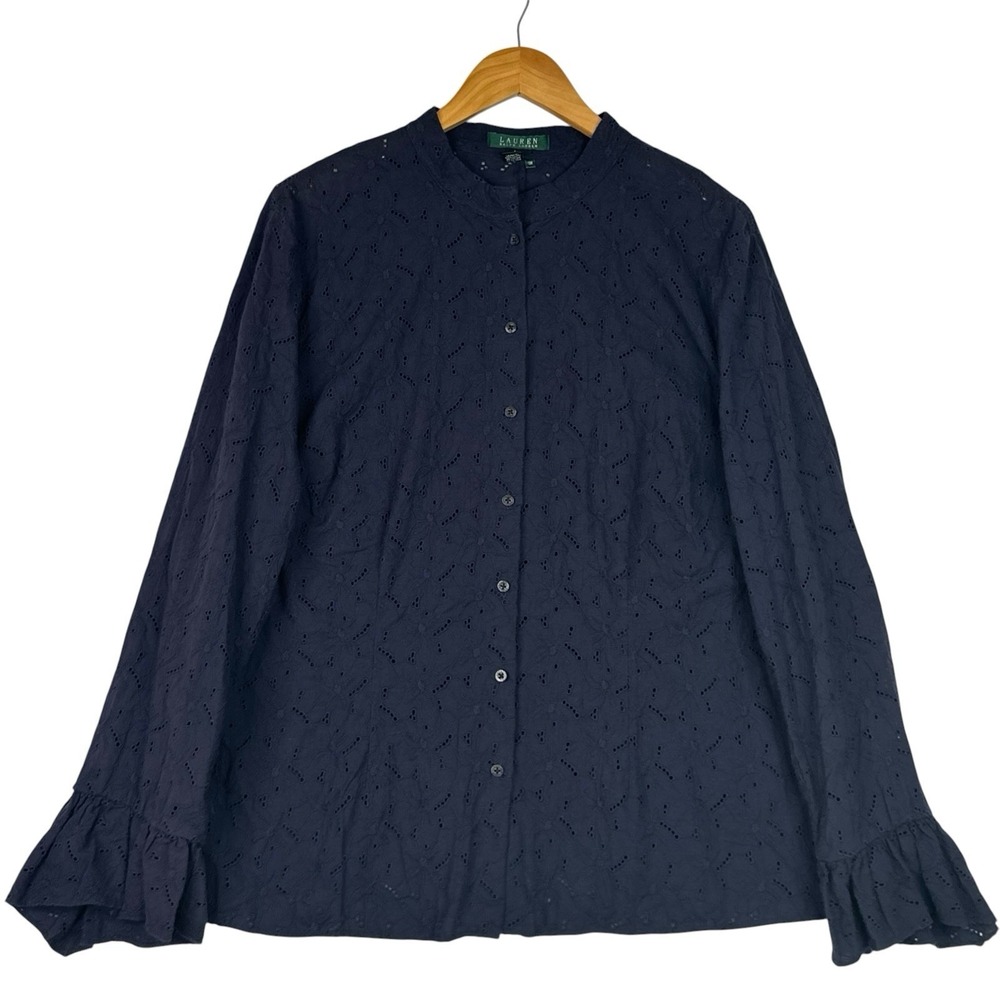 Lauren Ralph Lauren Eyelet Blouse Womens 18W Navy Blue Cotton Ruffle Bell Sleeve